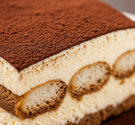 Fetta di tiramisù cremoso con cacao in polvere