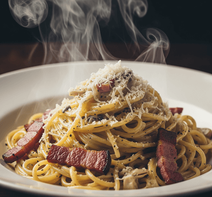Piatto di pasta alla carbonara fumante