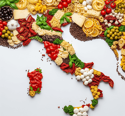Mappa dell'Italia composta da vari ingredienti tipici